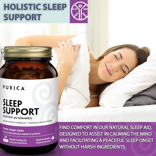 PURICA Sommeil Paisible, Aide à Favoriser des Nuits Reposantes et un Voyage Facile, Contient des Champignons Reishi Rouges, de l'Ashwagandha Biologique et de la Mélatonine, Formule Sans Gluten et Sans OGM