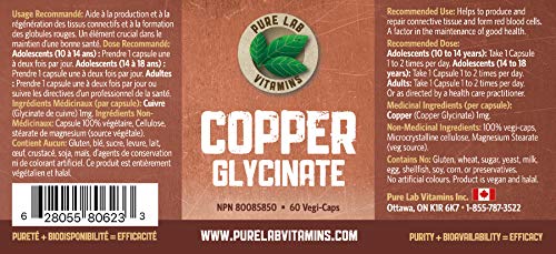 Pure Lab Vitamins - Copper Glycinate Mineral Supplement 1 mg 60 v-caps | Essential for Collagen Production, Immune System & Red Blood Cell Formation | Non GMO, Gluten Free | Formulated and made in Canada