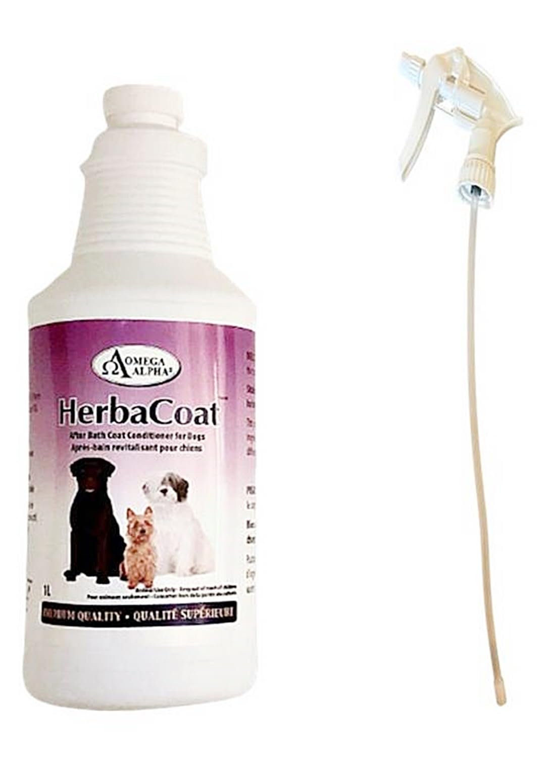Omega Alpha HerbaCoat Spray revitalisant pour chiens 1L, Revitalisant hydratant pour pelage d'animaux avec huiles de lavande, de neem et de tournesol, adoucit, hydrate et améliore la brillance