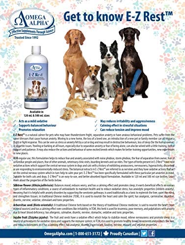 Favorise et Améliore le Comportement Relaxé des Animaux/Tonique Apaisant pour le Stress et l'Anxiété des Animaux - Omega Alpha E-Z Rest - 500ml