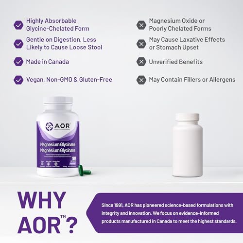 AOR Magnésium Glycinate, 90 mg, Favorise une fonction musculaire et un métabolisme optimaux, Soutien cardiovasculaire, Confort musculaire et cycles menstruels équilibrés, Végétalien et sans OGM