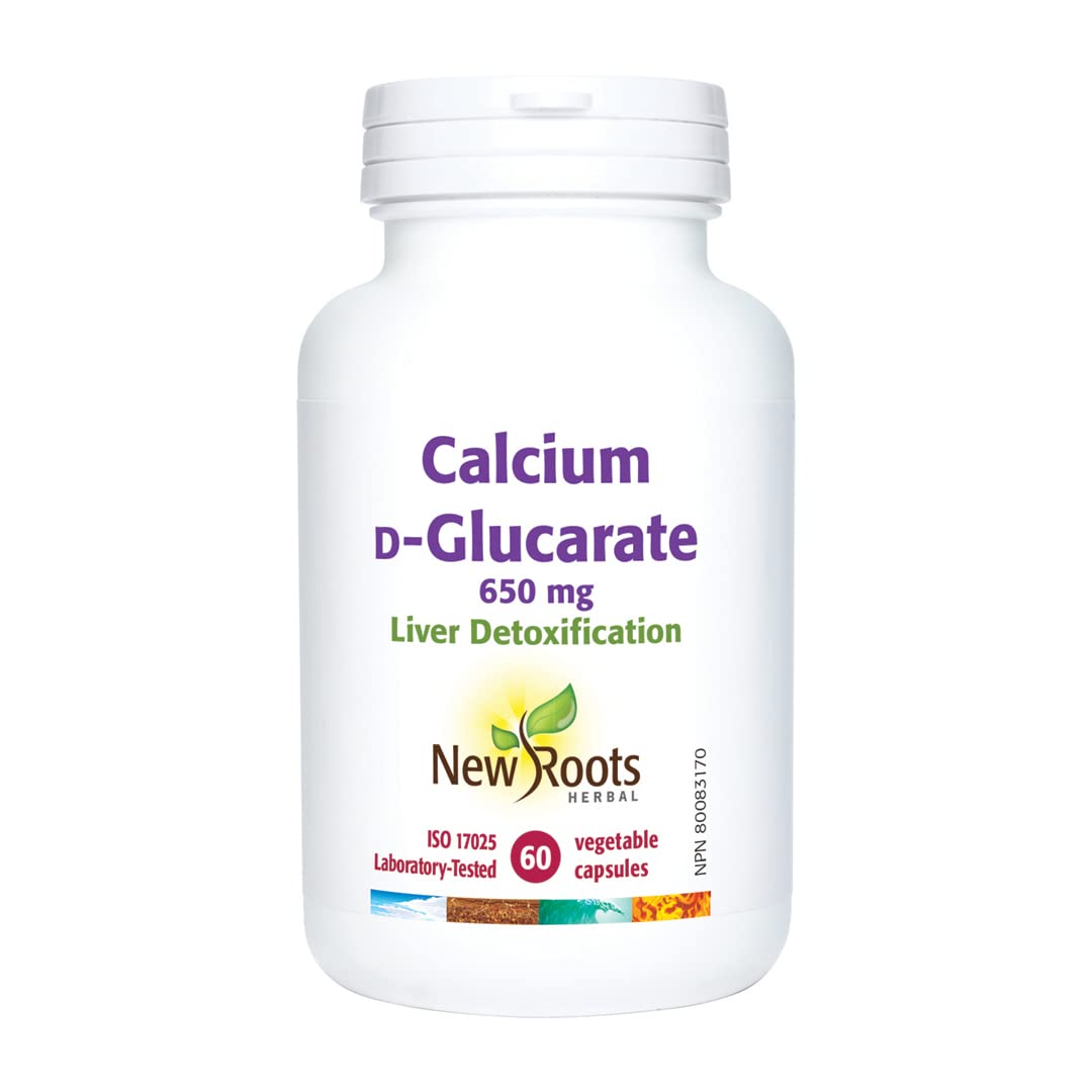 New Roots Herbal Calcium D-Glucarate 650 mg, 60 capsules végétales – Soutient la fonction hépatique saine, favorise l'équilibre hormonal pendant la ménopause, sans OGM, sans produits laitiers, sans soja, sans gluten