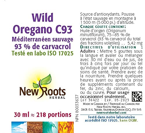 New Roots Herbal - Wild Oregano C93, 15ml Liquid Drops 109-Servings - Wild Mediterranean 93% Carvacrol - Organic Olive Oil Blend - Steam-Distilled, Wild-Crafted Oregano Oil from Origanum Minutiflorum
