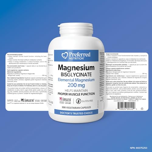 Preferred Nutrition Magnesium Bisglycinate 200 mg, Veg Caps, Elemental Magnesium, Maintains Proper Muscle Function, Proudly Canadian