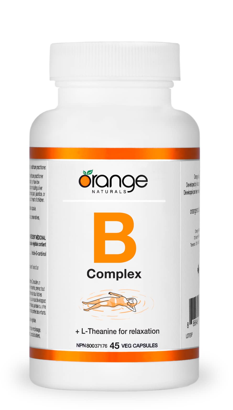 Orange Naturals - Complexe de vitamines B avec L-Théanine, 45 capsules pour 45 jours - Supplément de vitamines du complexe B à base de coenzymes - Spectre complet de vitamines B - Améliore l'énergie, le sommeil et favorise la relaxation mentale