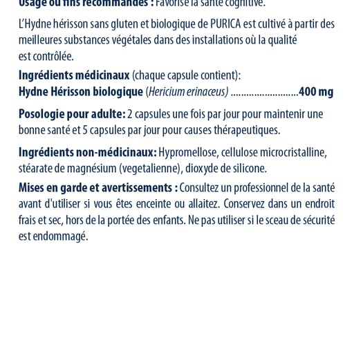PURICA Crinière de Lion Biologique - Complément pour la Santé Cérébrale, Mémoire et Concentration, Gélules 100% Naturelles, Véganes