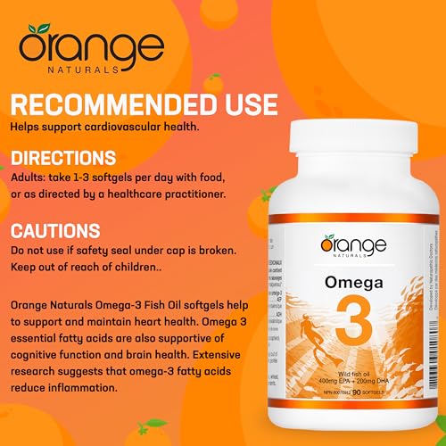 Orange Naturals Huile de poisson Oméga-3 - 90 gélules pour une meilleure santé cérébrale et cardiaque, acides gras essentiels triple concentration, sans OGM, haute teneur en EPA et DHA, soutient la fonction cognitive et le bien-être cardiaque