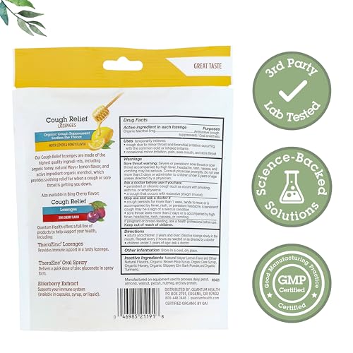 Pastilles Quantum Health biologiques pour le soulagement de la toux, Citron Meyer et miel, 18 unités