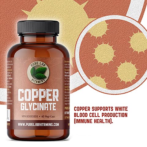 Pure Lab Vitamins - Glycinate de cuivre - Supplément minéral 1 mg 60 gélules végétales | Essentiel pour la production de collagène, le système immunitaire et la formation des globules rouges | Sans OGM, sans gluten | Formulé et fabriqué au Canada