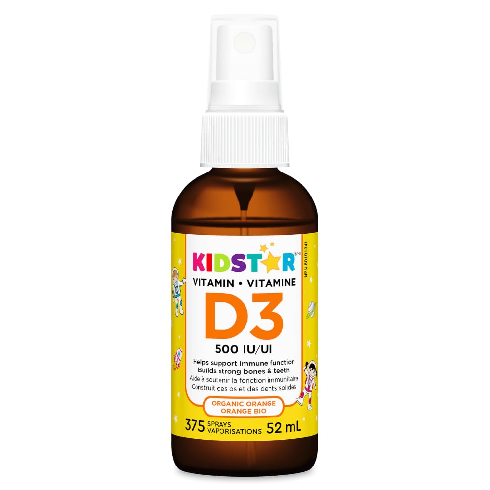 KidStar Nutrients - Vitamin D3 Spray 500 IU, 52ml Liquid 375-Servings, Organic Orange Flavour - Cholecalciferol Vitamin D3 with Calcium for Bone Health, Teeth Health & Immune System Support - No-Sugar