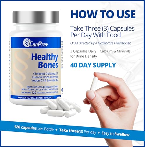 CanPrev Healthy Bones - Cal-Mag Chélaté 2:1, Oligo-éléments Essentiels, Vitamine D3 Végétalienne & K2 Sans Soja | Aide à Construire des Os et des Dents Solides | Produits de Santé Naturels de Première Qualité