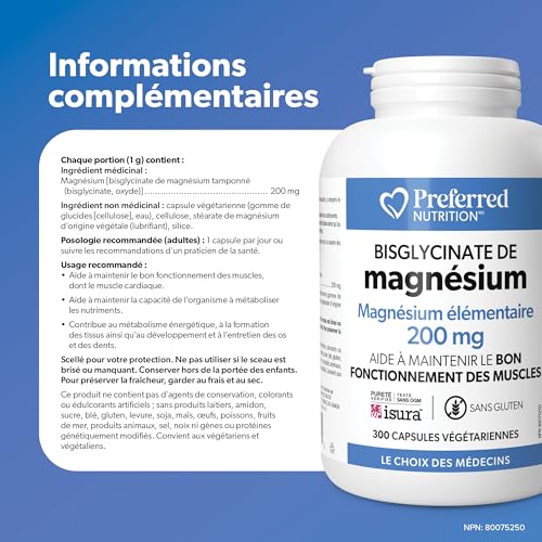 Preferred Nutrition Magnesium Bisglycinate 200 mg, Veg Caps, Elemental Magnesium, Maintains Proper Muscle Function, Proudly Canadian