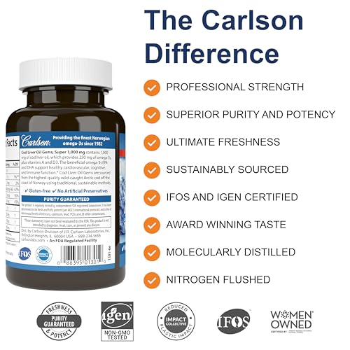 Carlson - Huile de foie de morue, Super 1000 mg, 250 mg Oméga-3 + Vitamines A et D3, Huile de foie de morue arctique norvégienne sauvage, approvisionnement durable