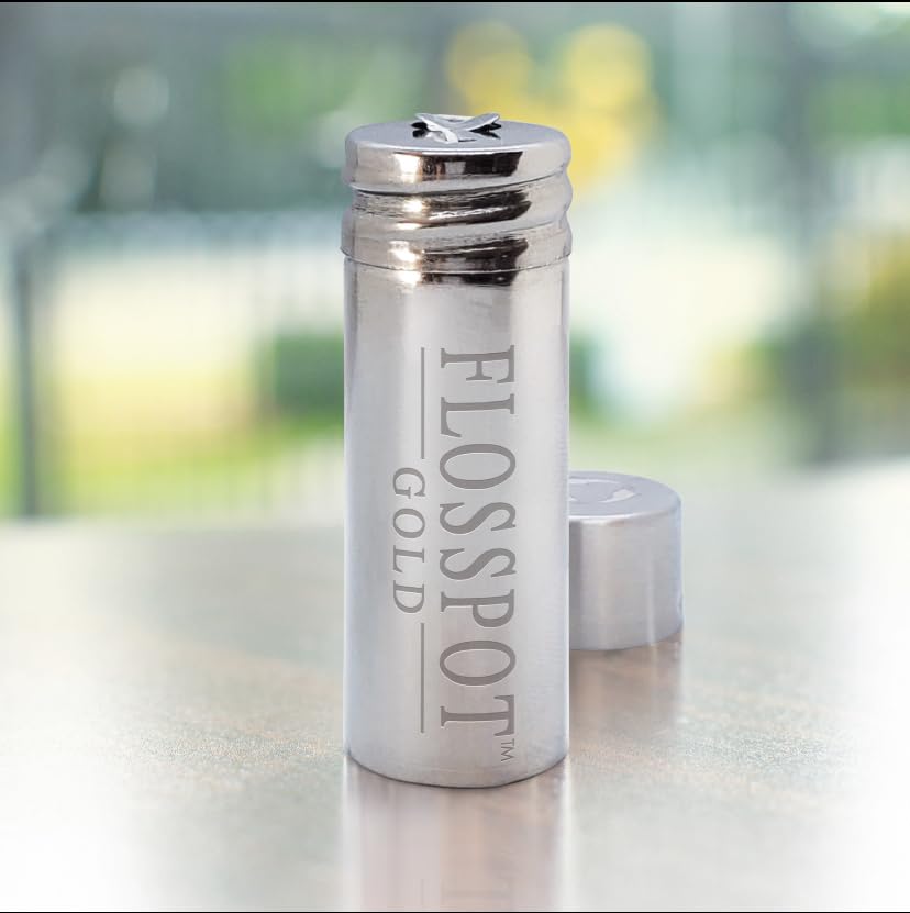 FLOSSPOT Vegan Gold Dental Floss | Mini Stainless Steel Jar - 50m | Eco-Friendly PLA & Candelilla Wax Coating | Ginger-Mint Flavor