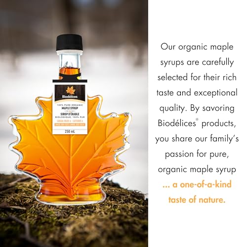 Biodélices 100% Pure Organic Maple Syrup - Grade A - Quebec's Finest in Elegant Maple Leaf Bottle