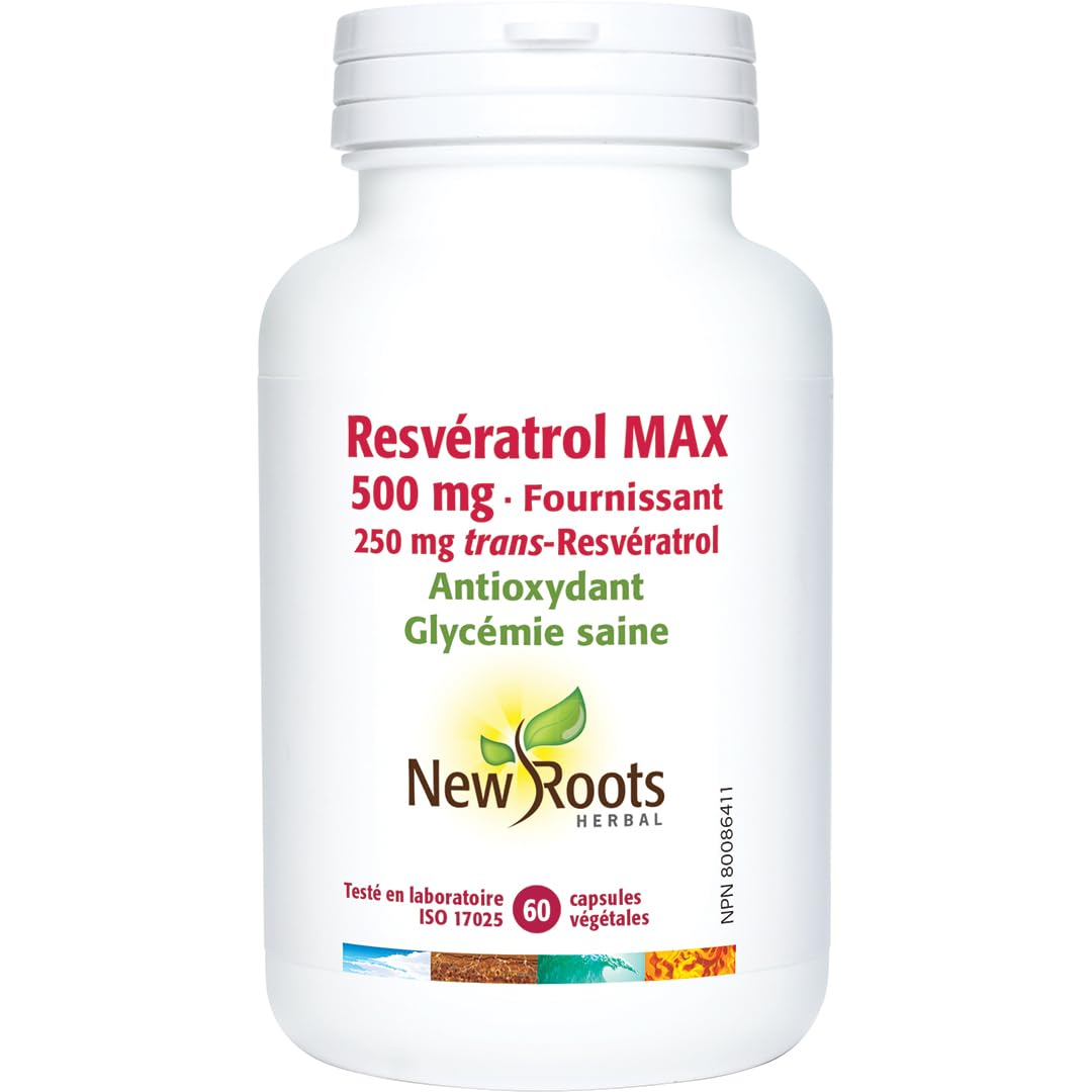New Roots Herbal Resveratrol Max 500mg 60 Capsules 60-Day Supply - Providing 250 mg Trans-Resveratrol - Antioxidant, Healthy Blood Glucose Levels