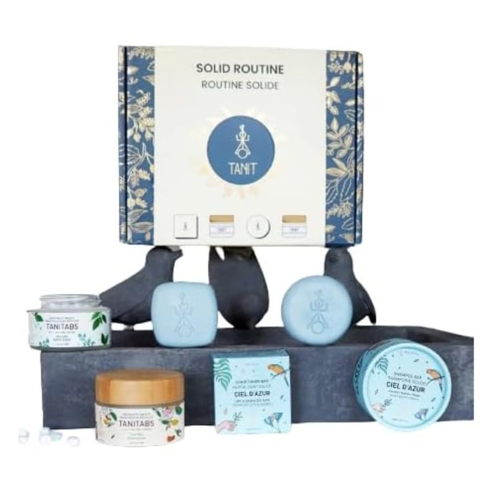 Coffret de démarrage Routine Solide TANIT – Lot de Shampoings et Soins Capillaires Solides Naturels, 60g Chacun, avec Pots de Dentifrice et de Bain de Bouche, 124g Chacun – Soins Capillaires & Buccaux Éco-Responsables