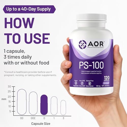AOR - PS-100 Phosphatidylserine 100mg, 60 gélules - Supplément de phosphatidylsérine pour la santé de la mémoire, suppléments de concentration et supplément cognitif - Suppléments de soutien cérébral pour la mémoire et la concentration