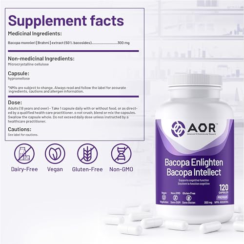 AOR Bacopa Enlighten 300mg - Supplément végétalien et sans gluten pour le soutien cognitif, la clarté mentale et la relaxation, extrait de Bacopa Monnieri, favorise la concentration et un sommeil réparateur