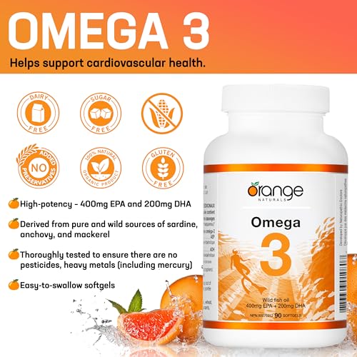 Orange Naturals Huile de poisson Oméga-3 - 90 gélules pour une meilleure santé cérébrale et cardiaque, acides gras essentiels triple concentration, sans OGM, haute teneur en EPA et DHA, soutient la fonction cognitive et le bien-être cardiaque