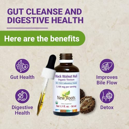 Teinture de brou de noix noire biologique New Roots Herbal 50 ml, 10 portions, extrait liquide de brou de noix, favorise l'équilibre interne et le bien-être, favorise un nettoyage doux, sans OGM, sans additifs artificiels
