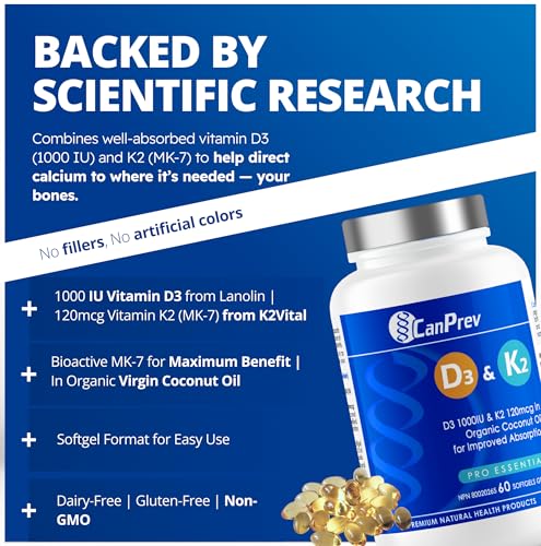 CanPrev D3 & K2 - Huile de coco biologique l Aide à la formation et au maintien de la santé osseuse l Avec vitamine D3 et K2