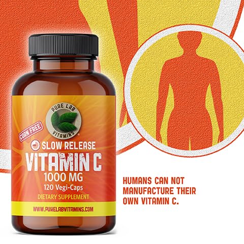 Pure Lab Vitamins | Slow Release Vitamin C 1000mg | 120 Capsules | Ascorbic Acid Vitamin C Supplement | Immune System Support & Antioxidant Supplement | Vitamin C Capsules 1000mg | Vitamin C Supplement