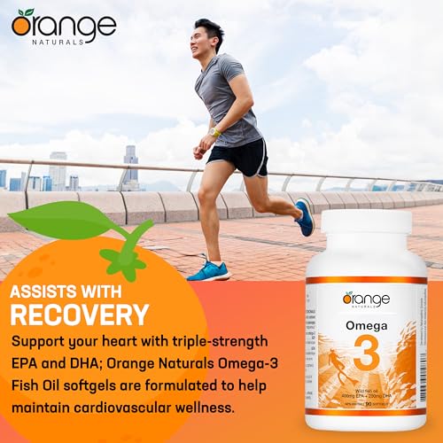 Orange Naturals Huile de poisson Oméga-3 - 90 gélules pour une meilleure santé cérébrale et cardiaque, acides gras essentiels triple concentration, sans OGM, haute teneur en EPA et DHA, soutient la fonction cognitive et le bien-être cardiaque