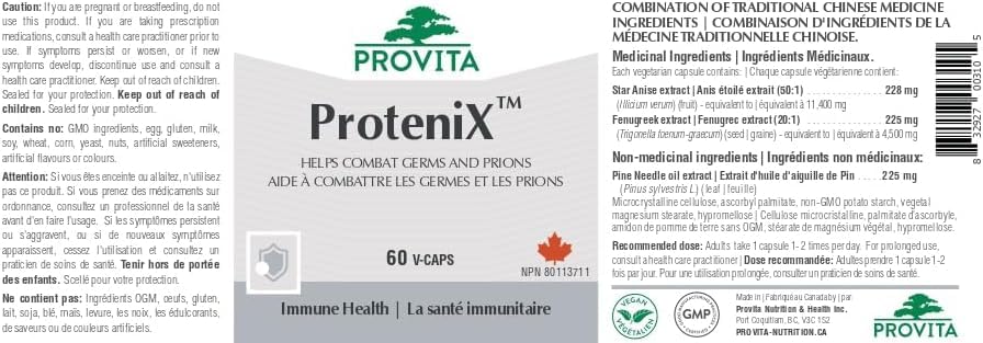 Provita ProteniX™ : formule de médecine traditionnelle chinoise pour une meilleure réponse immunitaire pendant la saison du rhume et de la grippe (60 gélules)