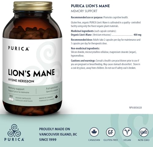 PURICA Crinière de Lion Biologique - Complément pour la Santé Cérébrale, Mémoire et Concentration, Gélules 100% Naturelles, Véganes