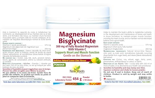 New Roots Herbal - Magnesium Bisglycinate Powder, Lime Flavor Drink Mix - Pure Magnesium Glycinate with Vitamin C for Sleep, Support Heart Health, Muscles Function, Bone & Metabolism