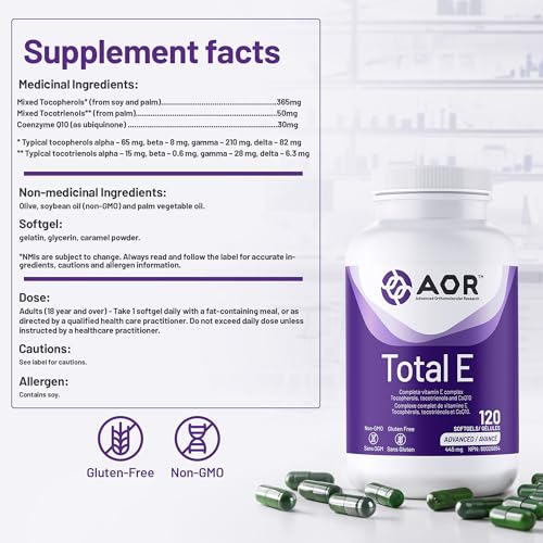 AOR Total E 445 mg, 60 gélules – Cure de 60 jours – Supplément de vitamine E avec tocotriénols et coenzyme Q10 ubiquinol CoQ10 – Soutien cardiovasculaire et antioxydant – Vitamine E8 pour la peau, le visage et les cheveux