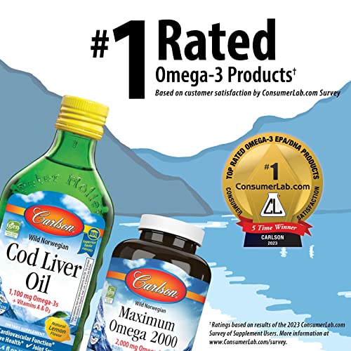 Carlson - Kid's The Very Finest Fish Oil, 800 mg Omega-3s, Liquid Fish Oil Supplement, Norwegian Fish Oil, Wild-Caught, Sustainably Sourced Fish Oil, 200 mL (6.7 Fl Oz)