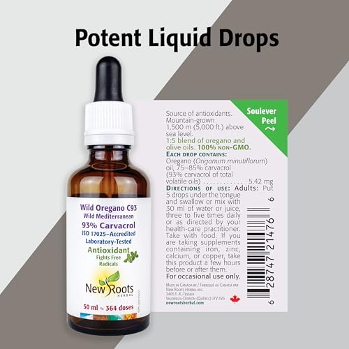 New Roots Herbal - Wild Oregano C93, 15ml Liquid Drops 109-Servings - Wild Mediterranean 93% Carvacrol - Organic Olive Oil Blend - Steam-Distilled, Wild-Crafted Oregano Oil from Origanum Minutiflorum
