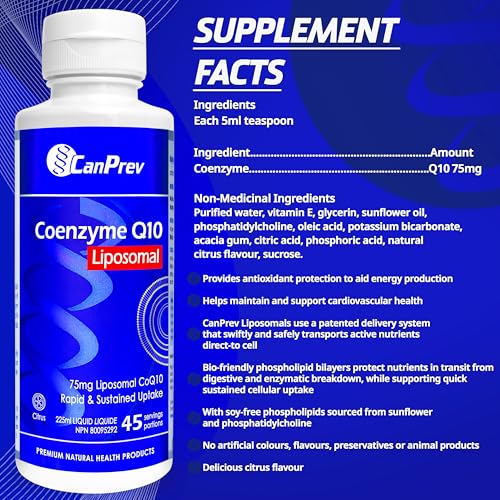 CanPrev Coenzyme Q10 Liposomale 75 mg Saveur Agrumes, Liquide 225 ml 45 Portions - Formule à Absorption Améliorée pour la Protection Antioxydante et le Maintien de la Santé Cardiaque - Végétalien, Sans OGM et Sans Gluten