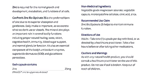 CanPrev Zinc Bis-Glycinate 25mg de zinc élémentaire pur par capsule - Produits de Santé Naturels