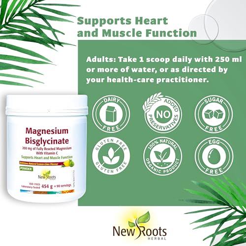 New Roots Herbal - Magnesium Bisglycinate Powder, Lime Flavor Drink Mix - Pure Magnesium Glycinate with Vitamin C for Sleep, Support Heart Health, Muscles Function, Bone & Metabolism
