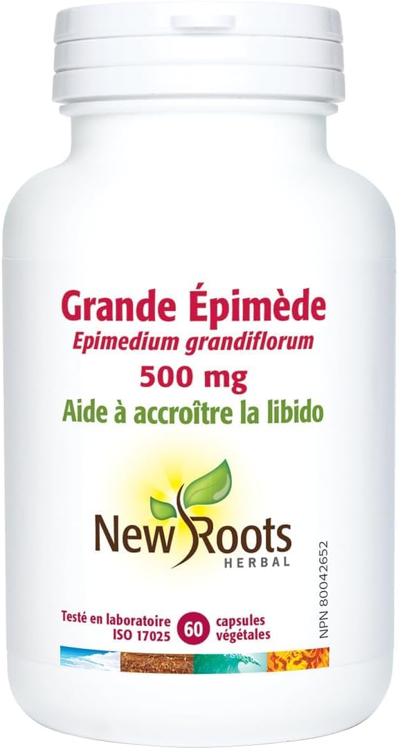 New Roots Herbal Horny Goat Weed 500 mg, 60 capsules végétales, approvisionnement de 60 jours - Soutient la vitalité et le bien-être, formule de performance améliorée avec 20 % d'Icariine, sans gluten, sans OGM, fabriqué au Canada