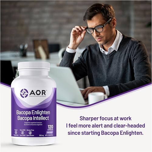 AOR Bacopa Enlighten 300mg - Supplément végétalien et sans gluten pour le soutien cognitif, la clarté mentale et la relaxation, extrait de Bacopa Monnieri, favorise la concentration et un sommeil réparateur