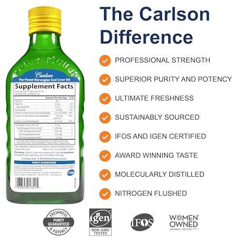 Carlson - Huile de foie de morue, 1100 mg d'oméga-3 + A et D3, huile de foie de morue arctique norvégienne sauvage, huile de poisson nordique liquide issue de la pêche durable
