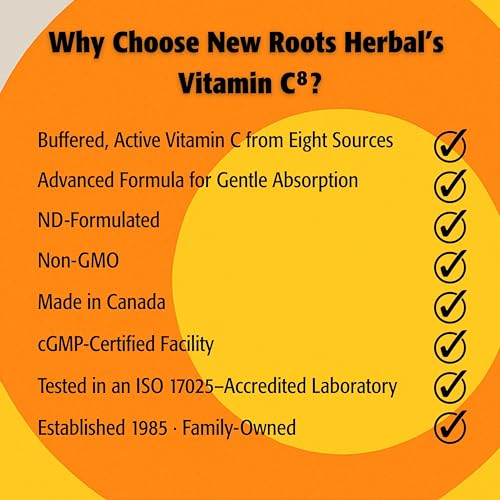 New Roots Herbal Vitamine C‚Å∏ 90 gélules végétales, 45 jours d'approvisionnement - 8 formes actives de vitamine C tamponnée avec du zinc et de l'extrait de thé vert pour une meilleure absorption, un soutien antioxydant, sans OGM, fabriqué au Canada