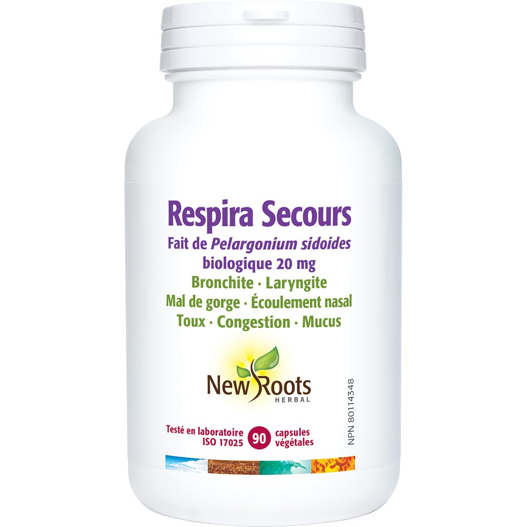 New Roots Herbal Respira ResQ 90 capsules végétales, approvisionnement de 30 jours, contient 20mg de Pelargonium Sidoides biologique, soutient la santé respiratoire, soulage les maux de gorge et la toux, aide à dégager le mucus, non-somnolent, sans OGM