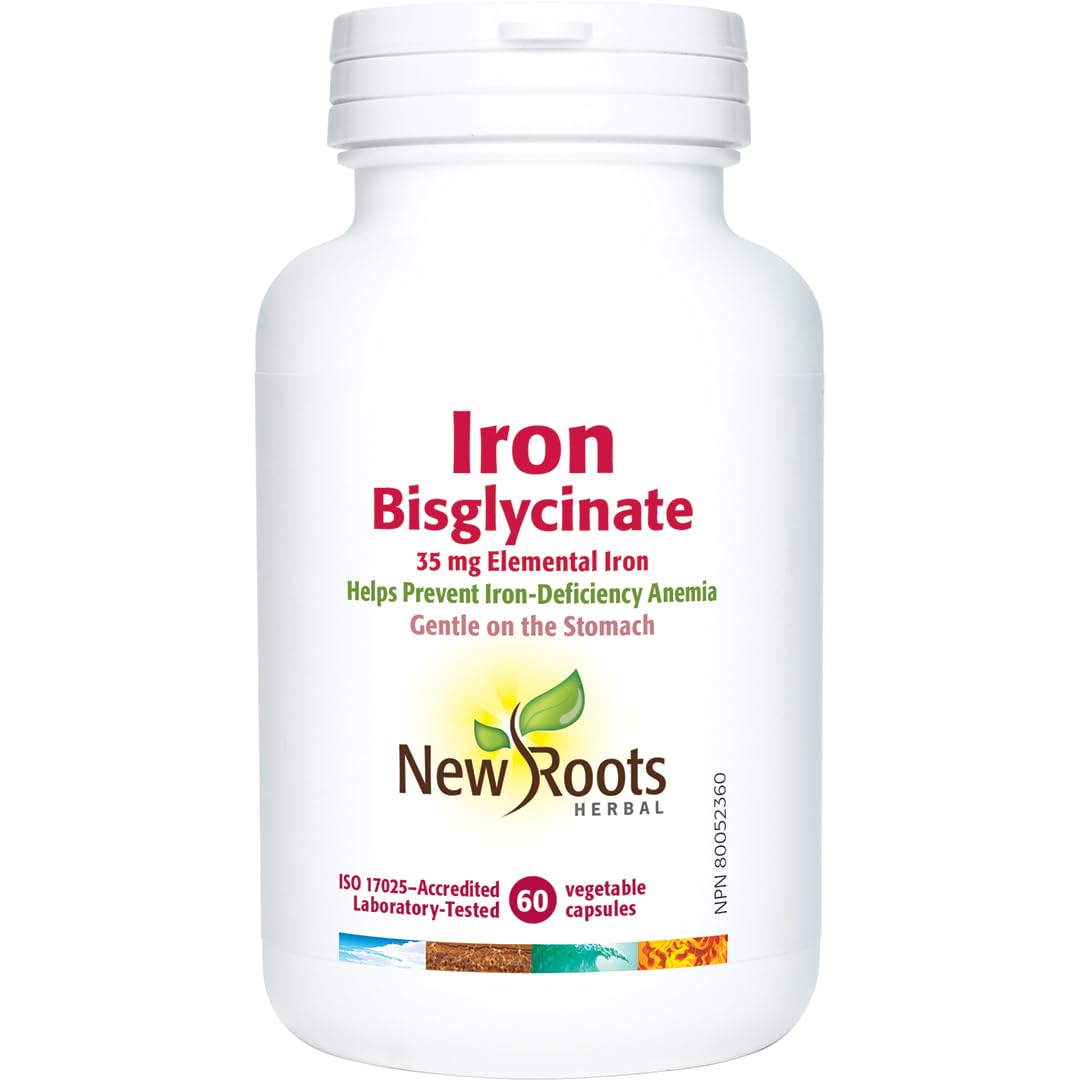 New Roots Herbal Iron Bisglycinate Supplement, 60 Veg Caps, 2 Month Supply
