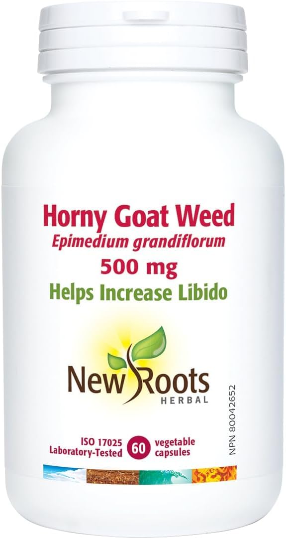 New Roots Herbal Horny Goat Weed 500 mg, 60 capsules végétales, approvisionnement de 60 jours - Soutient la vitalité et le bien-être, formule de performance améliorée avec 20 % d'Icariine, sans gluten, sans OGM, fabriqué au Canada
