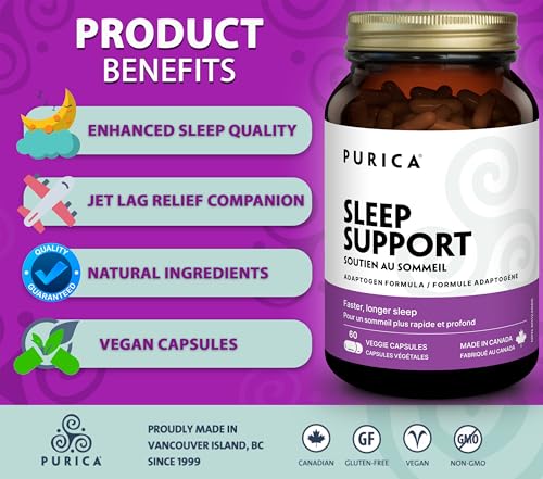 PURICA Sommeil Paisible, Aide à Favoriser des Nuits Reposantes et un Voyage Facile, Contient des Champignons Reishi Rouges, de l'Ashwagandha Biologique et de la Mélatonine, Formule Sans Gluten et Sans OGM
