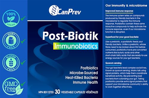 CanPrev Post-Biotik Immunobiotiques, 30 gélules végétales, approvisionnement de 30 jours - Postbiotique pour la santé intestinale - Soutien digestif et immunitaire - Enzymes pour supplément de digestion - Microbiome intestinal Lactobacillus Plantarum
