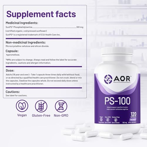 AOR - PS-100 Phosphatidylserine 100mg, 60 gélules - Supplément de phosphatidylsérine pour la santé de la mémoire, suppléments de concentration et supplément cognitif - Suppléments de soutien cérébral pour la mémoire et la concentration