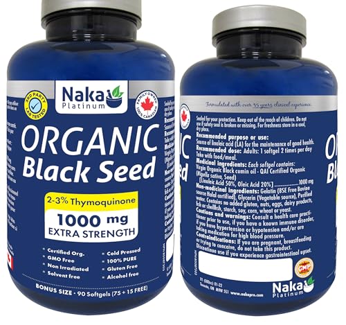 Naka Platinum Organic Black Seed oil, 100% PURE, 1000mg, Extra strength, Cold Pressed, 2-3% Thymoquinone, Made in Canada