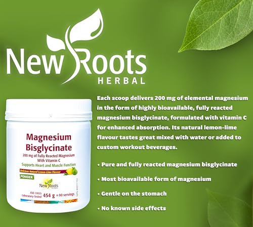 New Roots Herbal - Magnesium Bisglycinate Powder, Lime Flavor Drink Mix - Pure Magnesium Glycinate with Vitamin C for Sleep, Support Heart Health, Muscles Function, Bone & Metabolism