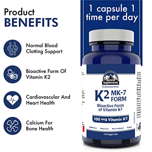 Vitamin K2 MK-7 - K2 Vitamin Supplement MK-7 Vitamin K-2 100 mcg - Heart Health - Cardiovascular Health - Blood Clotting - 3rd Party Tested - Formulated & Made in Canada